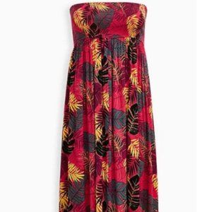 Torrid Convertible Smocked Midi Pink Dress Skirt Crinkle Gauze Palm Leaves sz 4